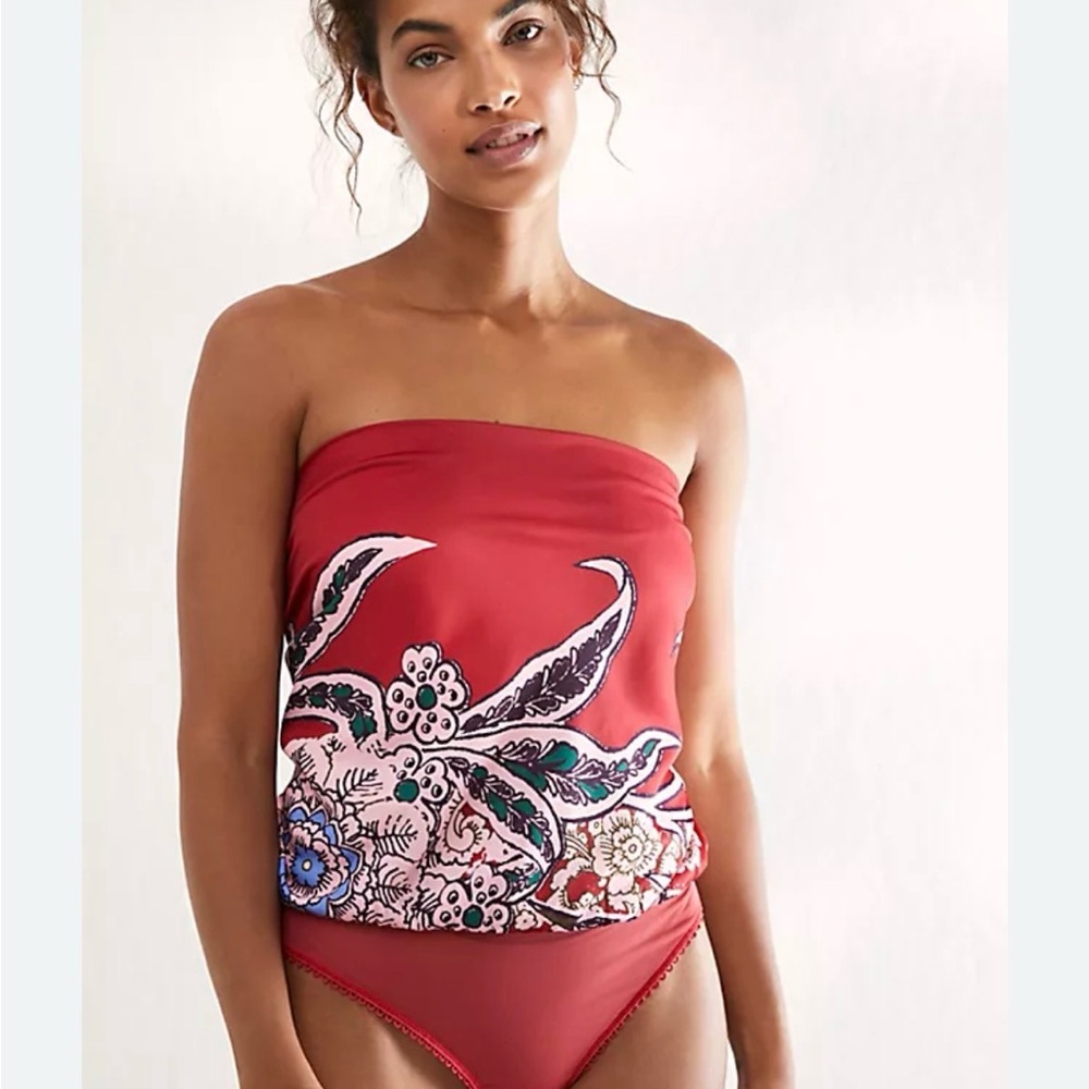 Free People Red Floral Print Strapless Bodysuit